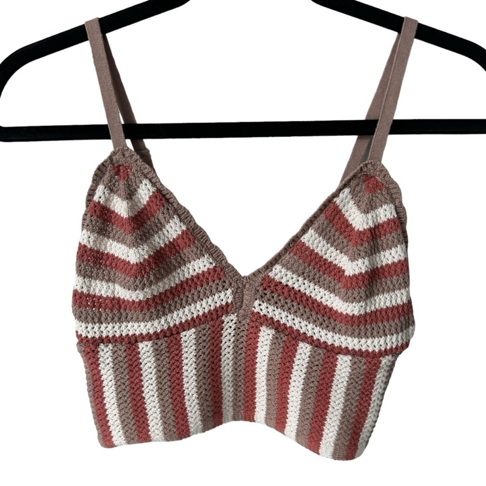 Harlow Alexis Crochet Crop Tank Top Boho Bralette Brown Cream Women's Small - Picture 2 of 9